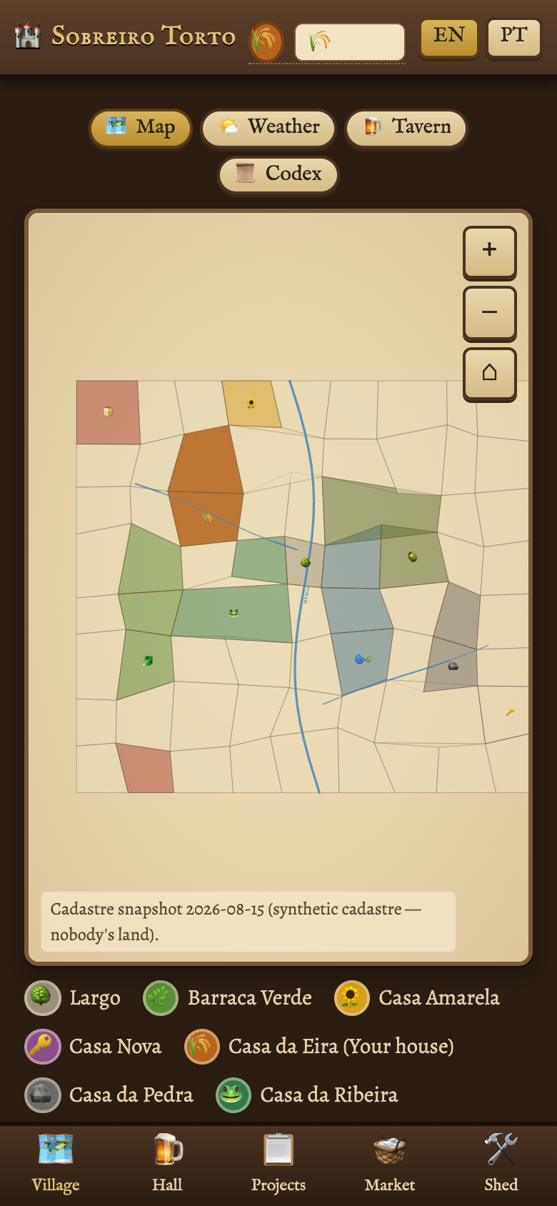 The demo village's home screen: parcels on a cadastral map, each coloured by the crest of the house that lives there, a stream drawn through them, and the list of houses under the map.