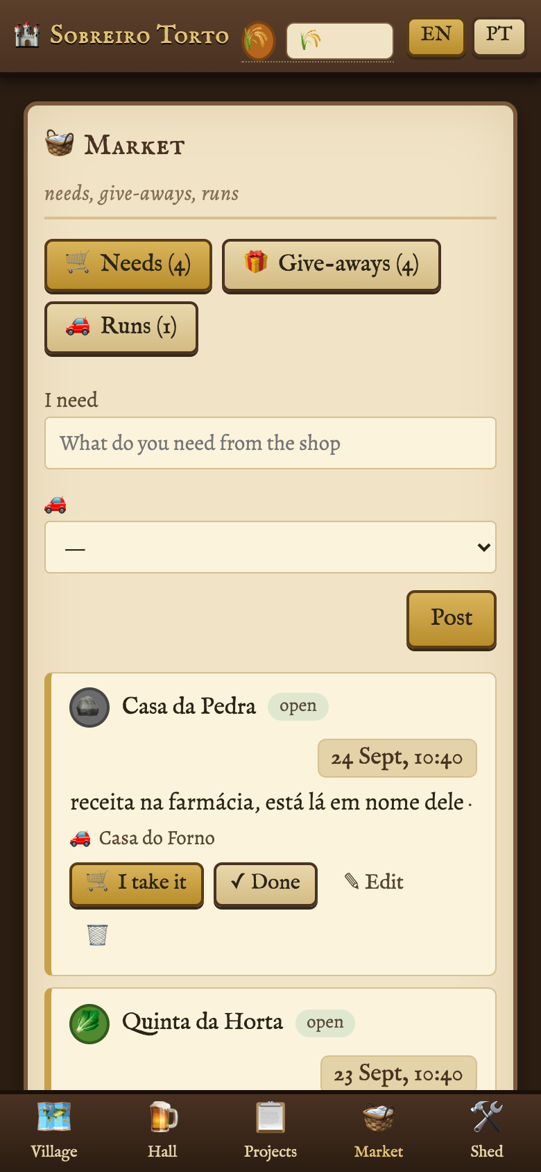 The Market room: needs, give-aways and shop runs