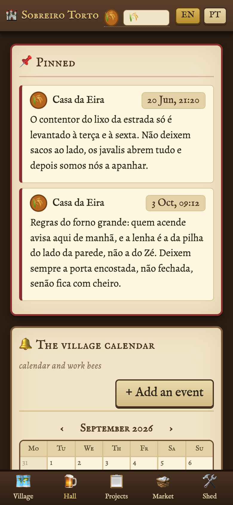 The Tavern room: pinned notices above the month calendar