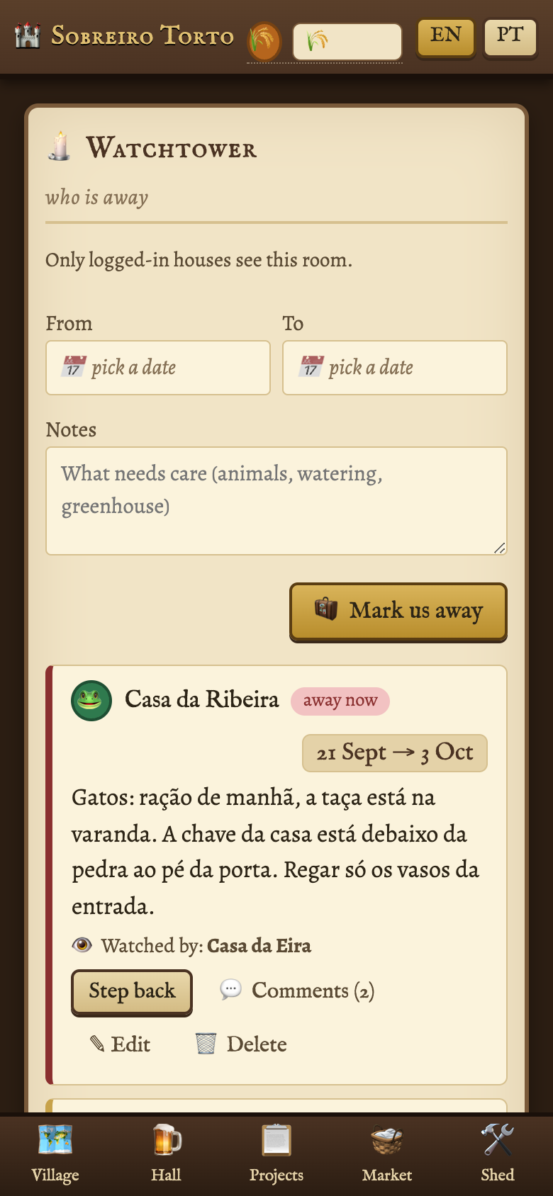 The Watchtower room: an away notice with dates, care notes and a watcher
